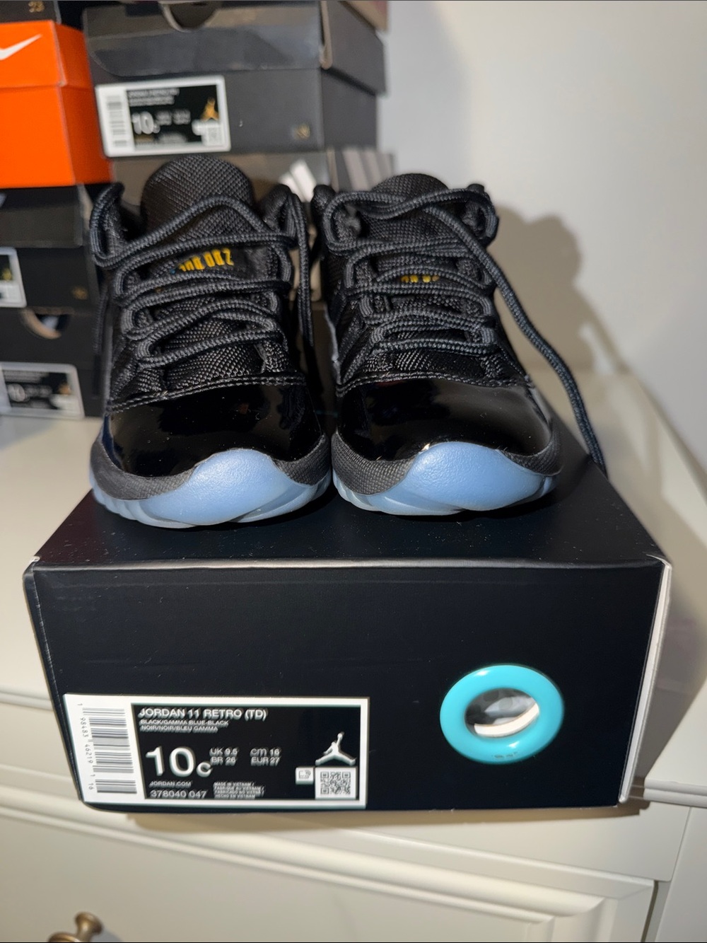 Jordan Kids 11 Retro Low Black with Ice Blue Outsole